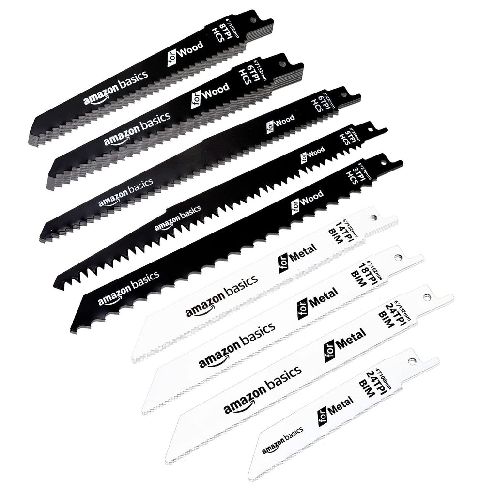 Amazon Basics Chromium Vanadium Steel Reciprocating Saw Blade Set with Organizer Pouch, Compatible For Plastic, 32-Pieces, Black & White