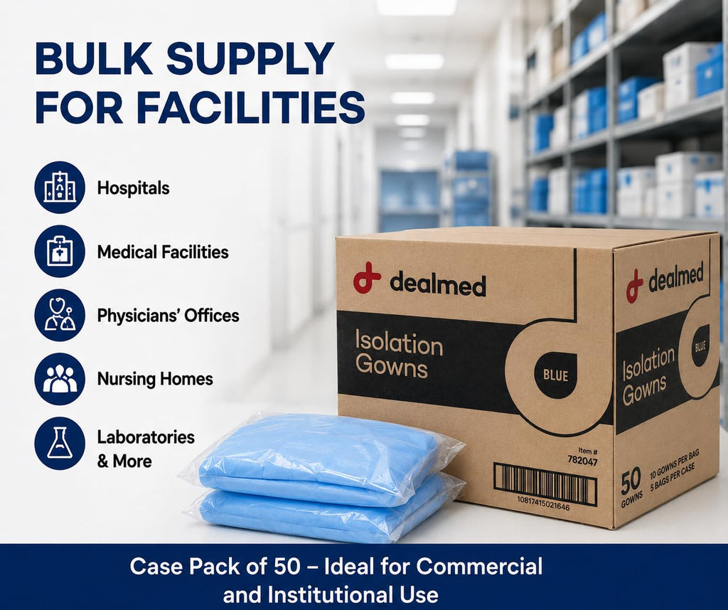 Dealmed Blue Isolation Gown – Disposable Medical Gowns, Latex-Free, Perfect for Hospitals, Medical Facilities, and Physicians’ Offices (Case of 50)