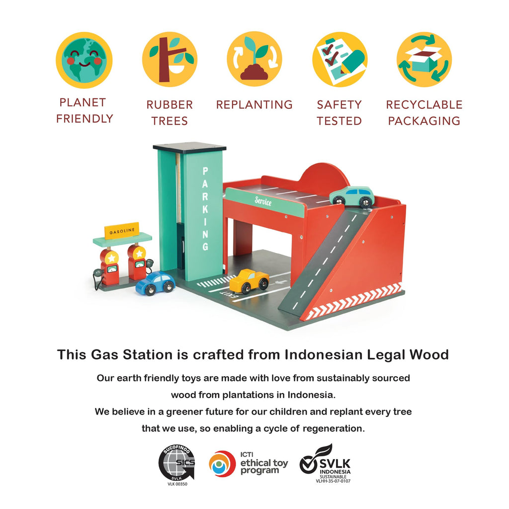 Mentari Toys - Gas Station - Wooden Toy Garage with Lift, Cars, Ramp and Gas Pumps - Encourages Imaginative Play, Fine Motor Skills & Problem Solving - Age 3+