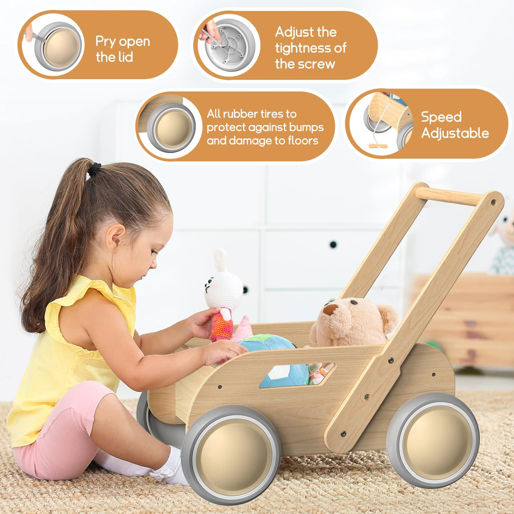 HOMEKOL Wooden Baby Push Walker, Natural Wood Color