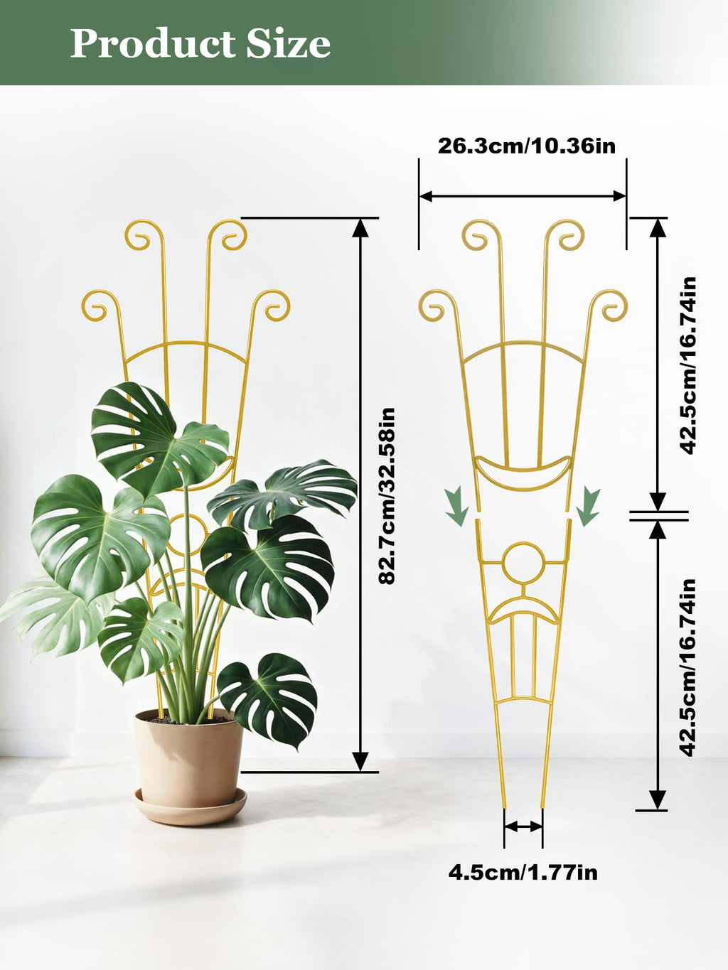 2Pcs Large Metal Trellis for Potted Plants Indoor, 33 Inch Tall Expandable Garden Trellis for Climbing Plants, Houseplant Support for Monstera, Ivy, Hoya Flower Outdoor (Gold)