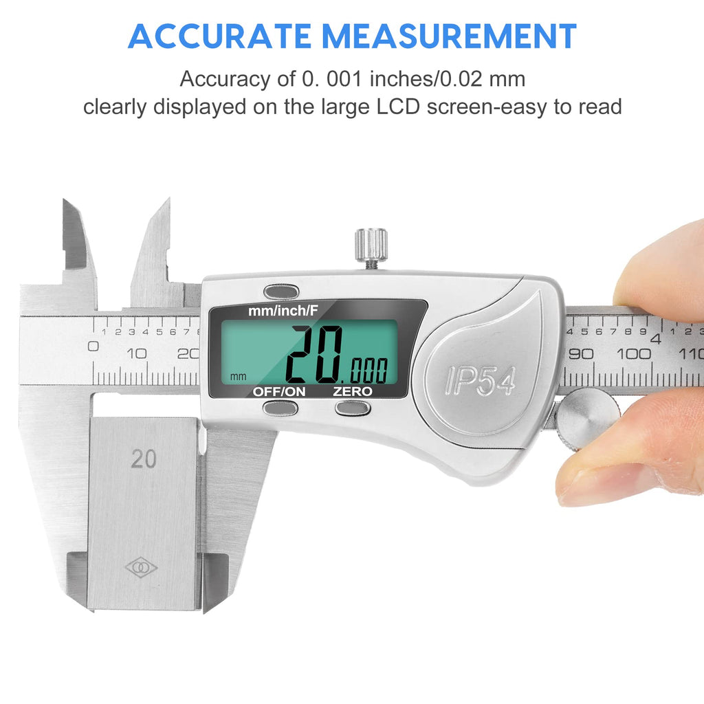 Digital Caliper Measuring Tool, IP54 Waterproof Electronic Micrometer Caliper, Stainlee Steel Vernier Caliper with Large LCD Screen, Inch Metric Fraction Conversion, 6 Inch for Household/DIY