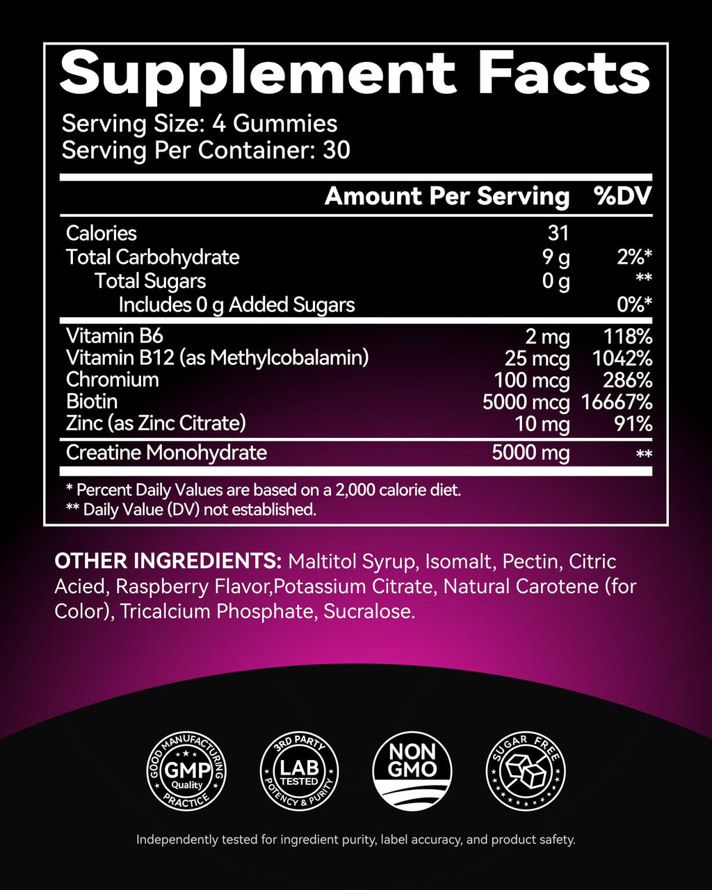 Inner Brightness Creatine Monohydrate Gummies for Women 5000mg - 6-in-1 with Biotin, Zinc, B6, B12 - Sugar-Free Raspberry Creatine Chewables for Muscle, Energy & Skin - 120 Count