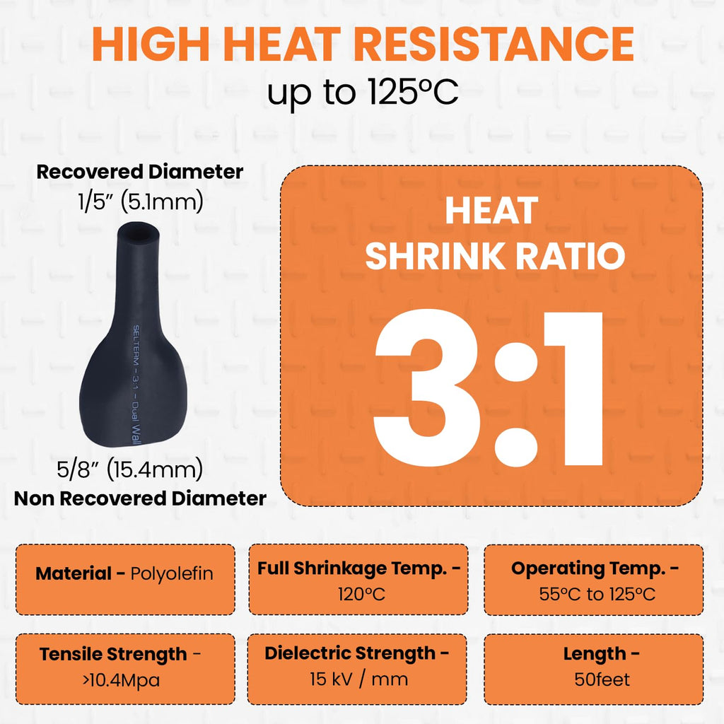 SELTERM 5/8" Black [50 Feet] Marine Grade Heat Shrink Tubing Roll, 3:1 Ratio Dual Wall Adhesive Lined Waterproof Heat Shrink Wrap Tube, for Battery Cable Lugs Wire Terminals Connectors