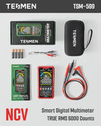 TESMEN TSM-599 Smart Digital Multimeter, Auto&Manual Measurement, TRMS 6000 Counts, Voltmeter with NCV, Voltage&Current, Resistance, Continuity, Diode, Capacitance, Hz%, Temperature, Live Wire - Red
