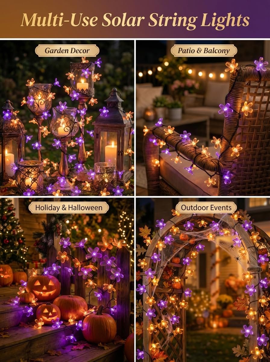 ITICdecor Solar Flower String Lights Outdoor Waterproof 50 LED Solar Powered Fairy Lights for Garden, Fence, Patio, Yard, Christmas Tree & Party Decor(Purple & Orange)