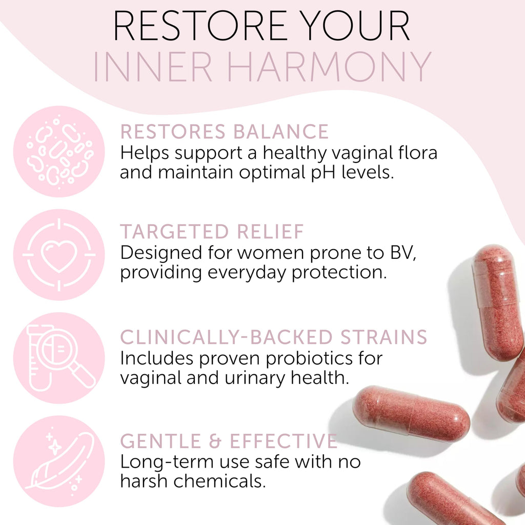 Bacterial Vaginosis Symptoms Relief for Women | Natural Homeopathic Supplement for Odor, Itching, Discharge, BV, and Vaginal Microbiota Imbalance | 60 Capsules for pH Balance and Daily Support