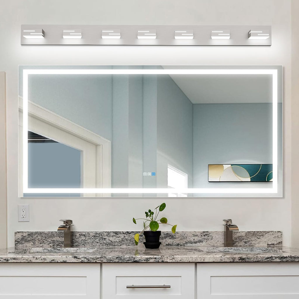 LKHF LED Modern Bathroom Vanity Light Fixtures, Dimmable Brushed Nickel Vanity Lights for Bathroom Lighting Fixtures Over Mirror, with 360° Rotatable Acrylic Heads 7-Light 48-inch (Cool White 6000K)
