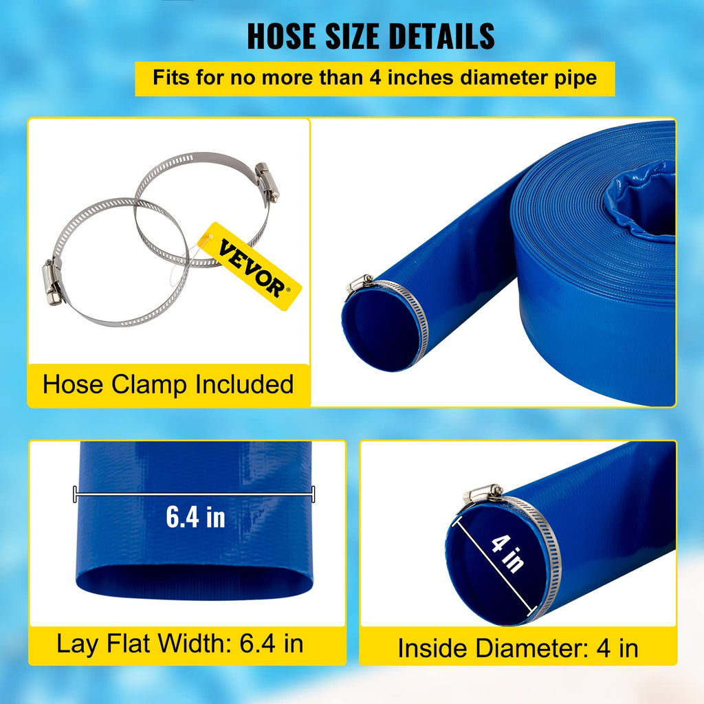 VEVOR Discharge Hose, 4' x 105', PVC Lay Flat Hose, Heavy Duty Backwash Drain Hose with Clamps, Weather-proof & Burst-proof, Ideal for Swimming Pool & Water Transfer, Blue