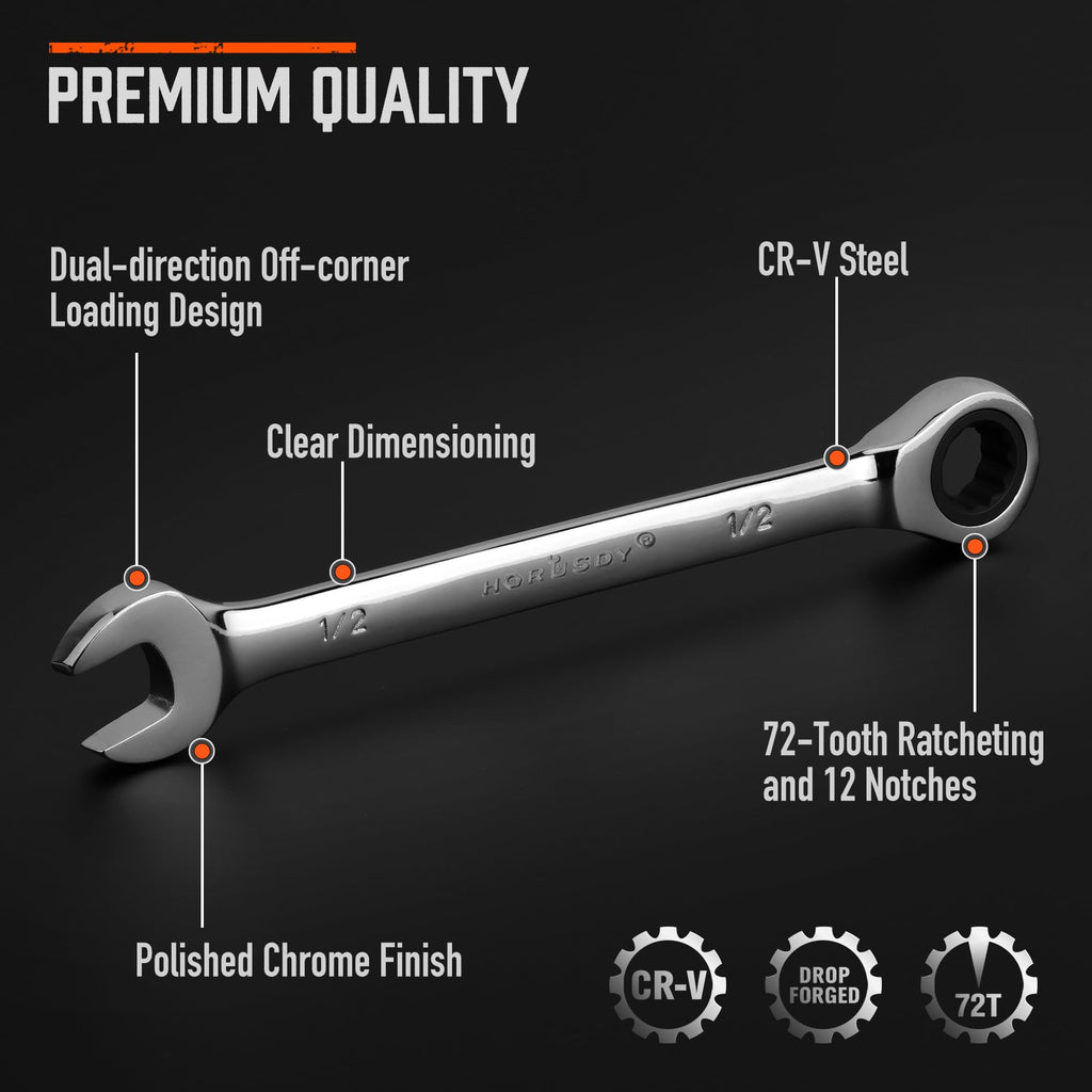 HORUSDY 26-Piece Ratcheting Wrench Set | Metric and SAE | Ratchet Combination Wrenches Set with Organizer | 72-Tooth | Chrome Vanadium Steel | 6-19 mm & 1/4” to 3/4“ (13-Piece Metric&SAE)