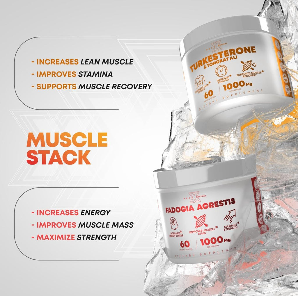 Peak Revival-X Turkesterone & Tongkat Ali Lean Muscle Growth & Recovery + Fadogia Agrestis Muscle Stack for Athletic Performance & Muscle Mass (60 Capsules)