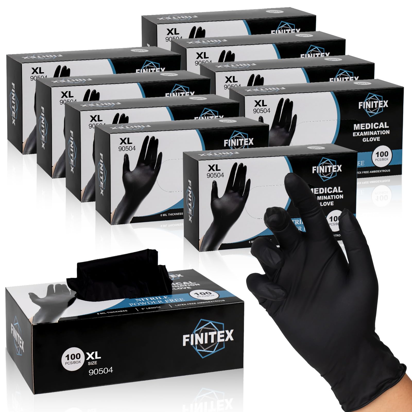 FINITEX Black Nitrile Disposable Medical Exam Gloves - Case of 1000 PCS 6mil Glove Powder-Free Latex-Free Gloves (X-Large)