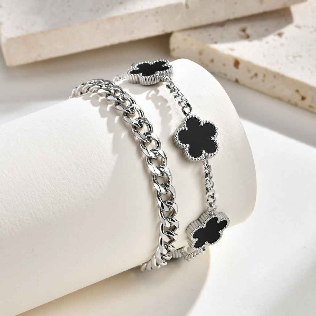 VNOX 2 PCS Floral Bracelets for Men Women -Womens Mens Stainless Steel Silver Cuban Chain Link Bracelet Lucky Charm Four Clover Flower Bracelets Trendy Jewelry Gifts, S01