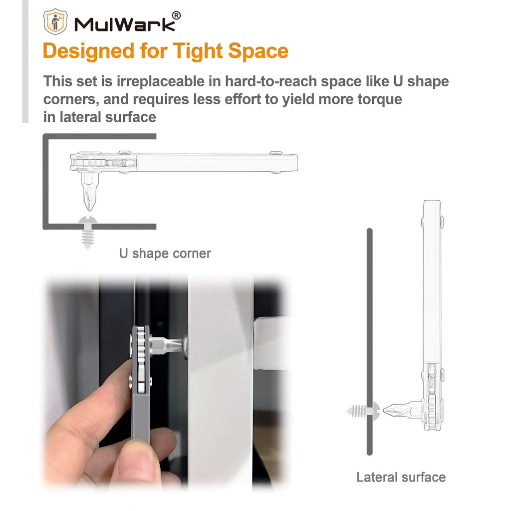 MULWARK 11pc Right Angle Screwdriver 1/4 Mini Ratchet Wrench Close Quarters Pocket Screwdriver Set with High Torque & Low Profile- EDC Tool with 90 Degree Mini Offset Reversible Drive Handle