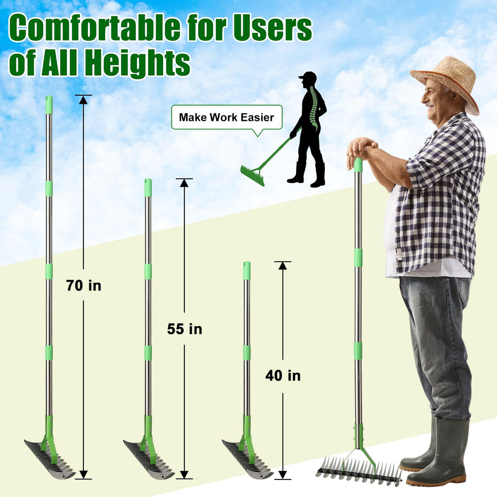 Heavy Duty Thatch Rake for Lawns - 13” Deep-Clean Dethatching Rake for Dead Grass & Moss Removal, Dual-Sided Manual Dethatcher and Scarifier Tool, 65" Long Metal Handle for Garden Yard Lawn Care