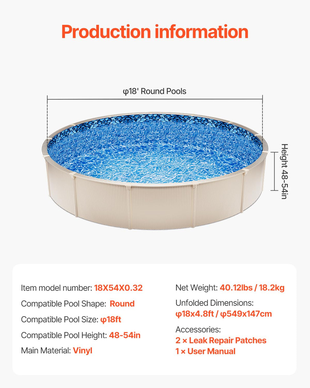 VEVOR 18-ft Round Above Ground Pool Liner, Overlap Pool Liners, Standard Gauge Vinyl, 48-to-54inch Wall Height, Designed for Steel Sided Above-Ground Swimming Pools