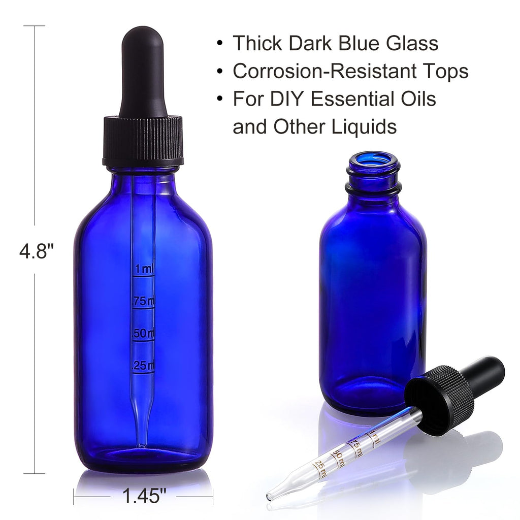 4 Pack 2 oz Glass Dropper Bottles with Measured Dropper - 60ml Dark Blue Tincture Bottles with Calibrated Glass Eye Droppers (1ml) - Leakproof Essential Oils Bottles for Health, Personal Care & Beauty