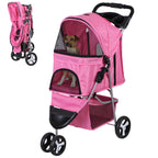 Epetlover 3 Wheels Dog Stroller Folding Pet Strolling Cart for Small Medium Cats Puppies Portable Jogger Travel Camping Puppy Carrier with Storage Basket Cup Holder, Pink