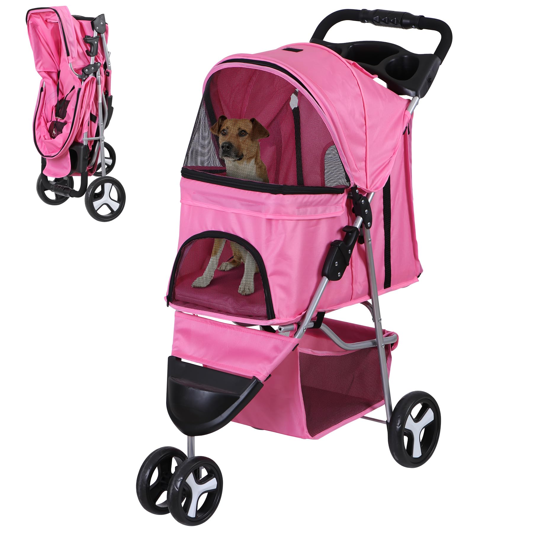 Epetlover 3 Wheels Dog Stroller Folding Pet Strolling Cart for Small Medium Cats Puppies Portable Jogger Travel Camping Puppy Carrier with Storage Basket Cup Holder, Pink