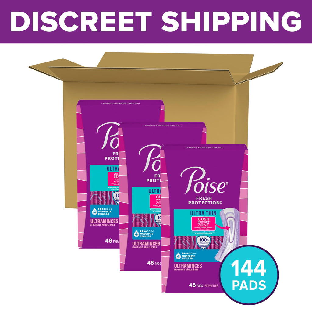 Poise Ultra Thin Incontinence & Postpartum Pads for Bladder Leaks, 4 Drop Moderate Absorbency, Regular Length, 144 Count (Packaging May Vary)