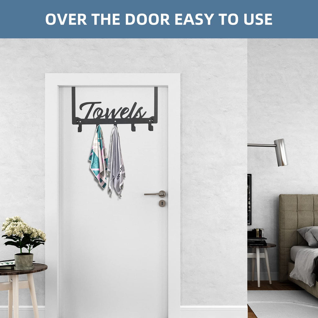 Azmoncy Over The Door Hooks Organizer, Over Door Rack with 5 Towel Hooks & 2 Mesh Basket, Back of Door Storage Organizer for Bathroom, Bedroom, Kitchen (Black)