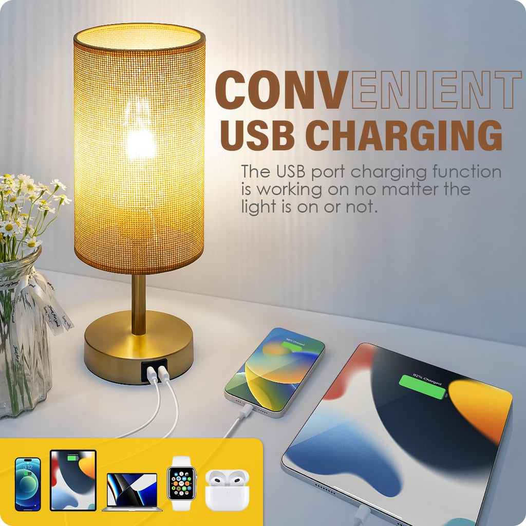 Yarra-Decor Bedside Lamp with USB Port - Touch Control Table Lamp for Bedroom Wood 3 Way Dimmable Nightstand Lamp with Round Flaxen Fabric Shade for Home Office (LED Bulb Included) (Y - NET)