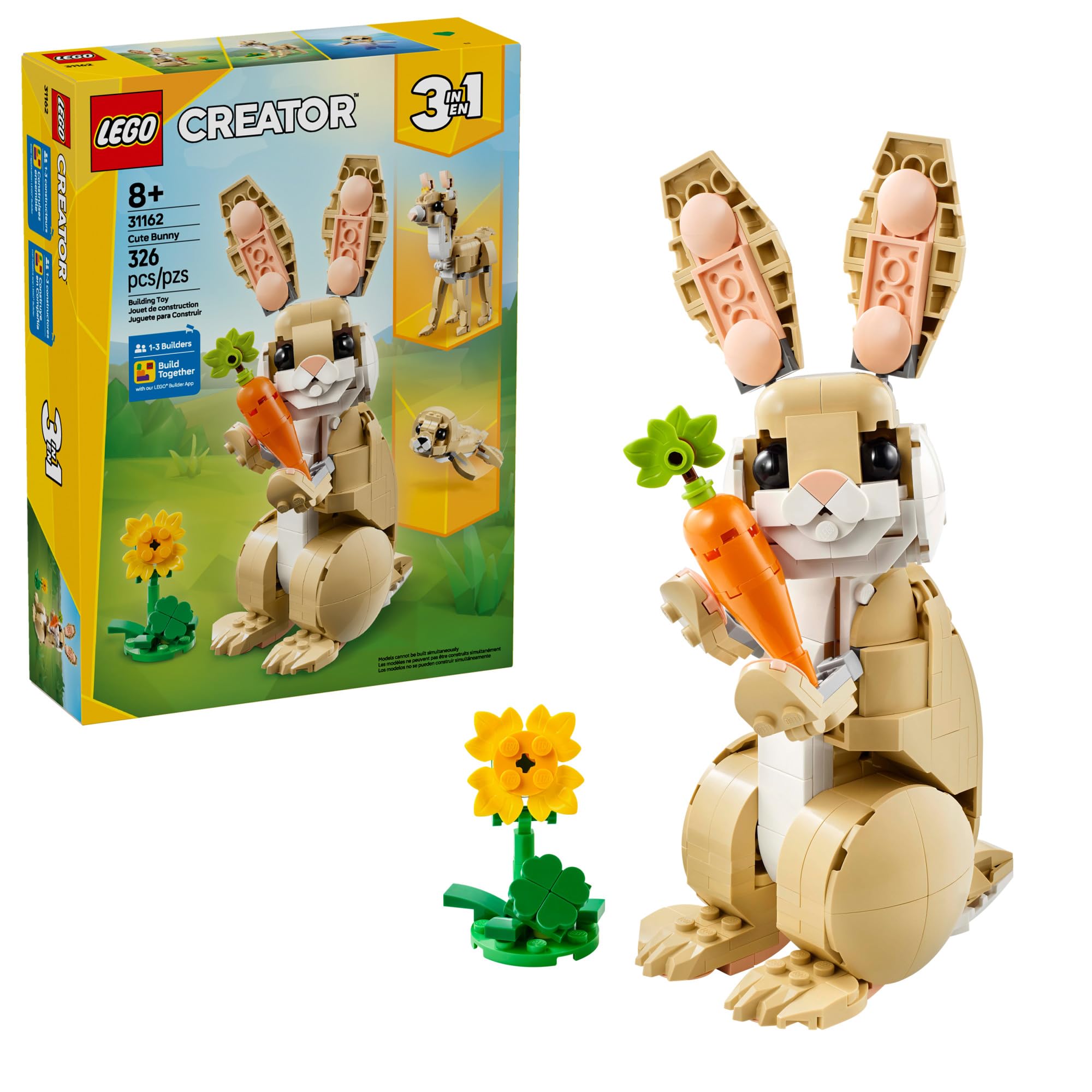 LEGO Creator 3 in 1 Cute Bunny Toy - Building Toy Set with 3 Build Options, Bunny, Seal, or Llama - Birthday Gift & Craft - Animal Figures for Kids, Girls and Boys, Ages 8+ - 31162