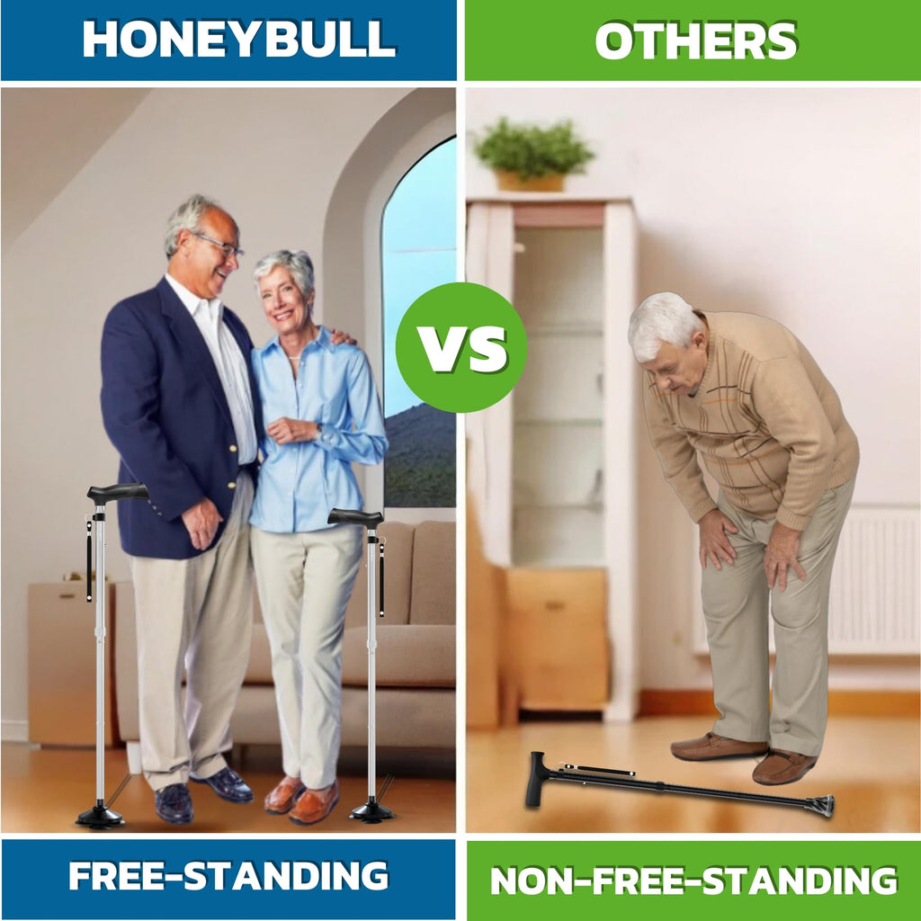 HONEYBULL Walking Cane for Men & Women Foldable, Adjustable, Heavy Duty, Free Standing, All Terrain, Collapsible Walking Sticks for Seniors & Adults