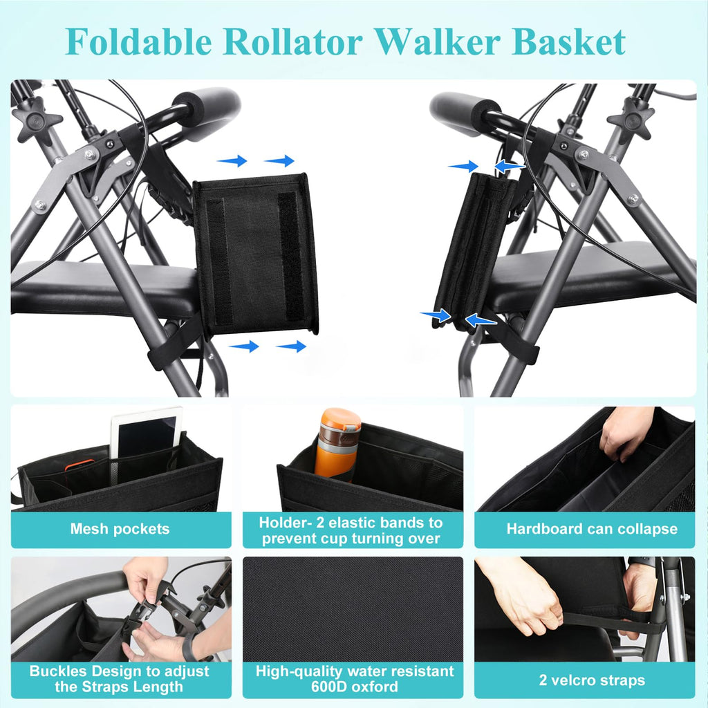 Dotday Rollator Basket with Cup Holder, Easy to Use Rollator Accessories Folding Storage Bag, Never Tipping Over