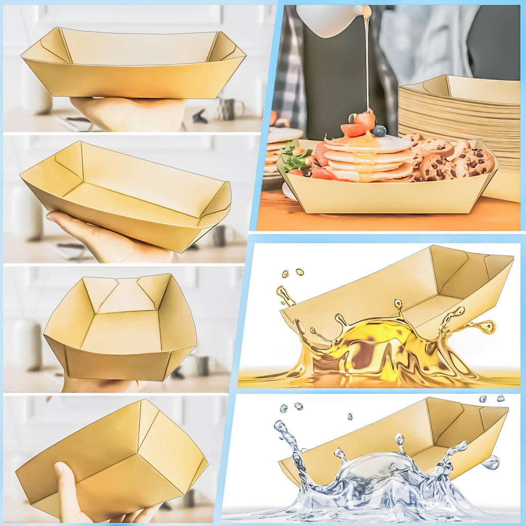 MotBach 125 Pack 5LB Extra Large Paper Food Boats Trays Disposable Paper Boat Plate Containers, Kraft Food Serving Tray Boat Basket Bowl for Snack Popcorn Burger Sandwich Taco BBQ Fries Dessert Nacho