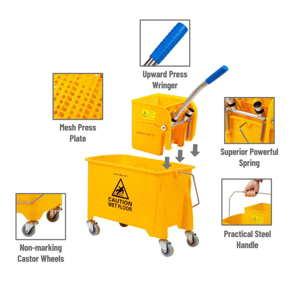 Mind Reader Mop Bucket with Wringer (Mop Not Included), 5.5 Gallon Cleaning Bucket with Wheels and Handle, Upward Press Wringer, Small Mop Compatible, Yellow