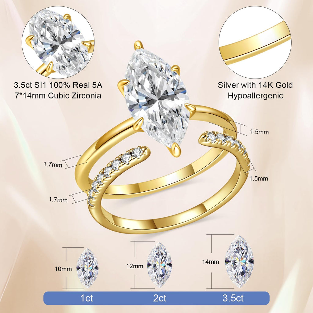 AVECON 3.5CT Marquise Cut Engagement Ring Set for Women, Adjustable, Size 6
