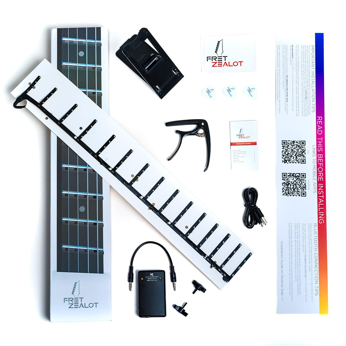 Fret Zealot LED Bass Guitar Fretboard Lights Learning Accessory - EASIEST and BEST Method to Learn To Play Bass Guitar for All Levels, Fits All FULL SIZE Bass Guitars, IOS & Android App included