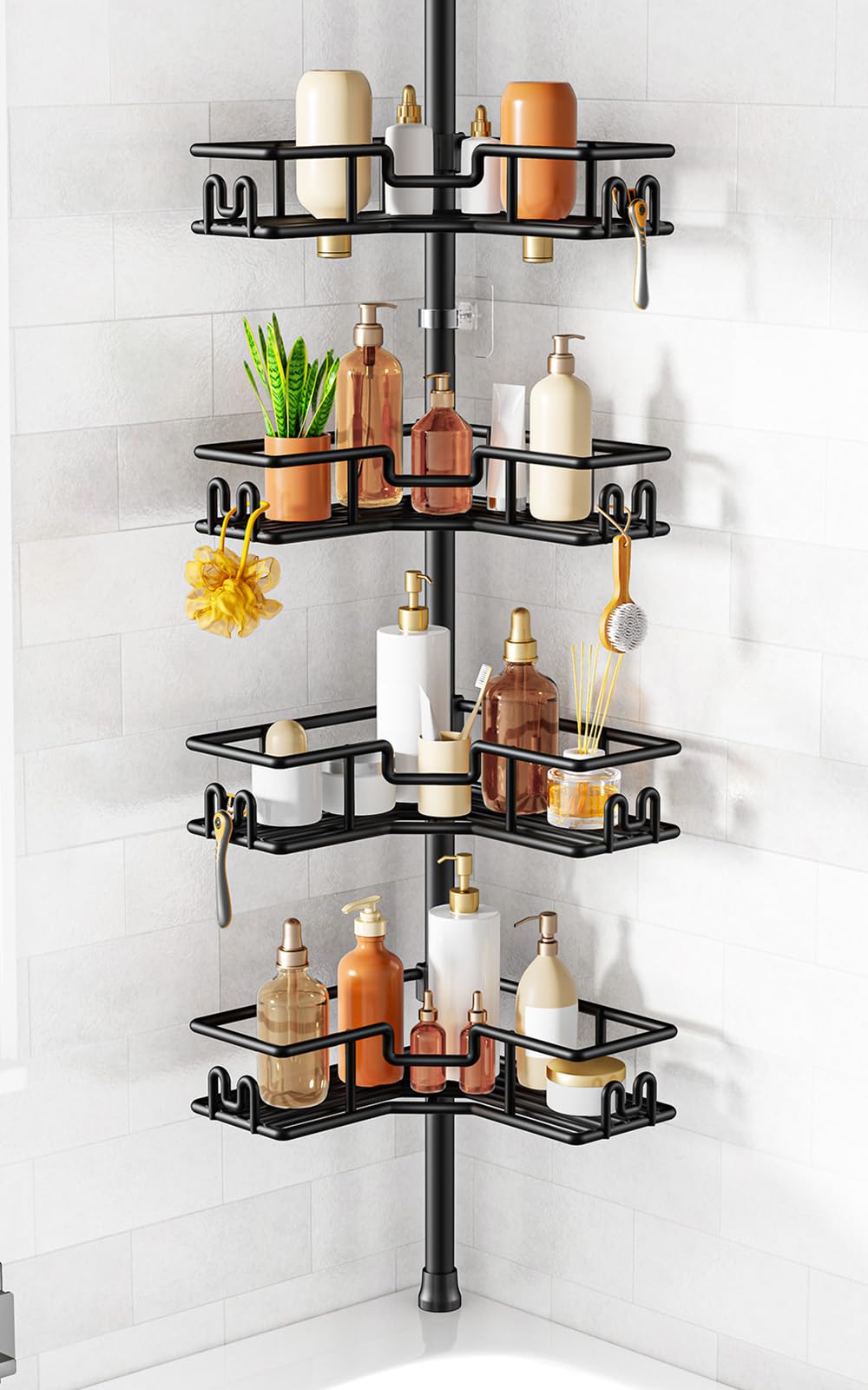 HAMITOR Corner Shower Caddy Tension Pole: 4-Tier Adjustable Shelf Black