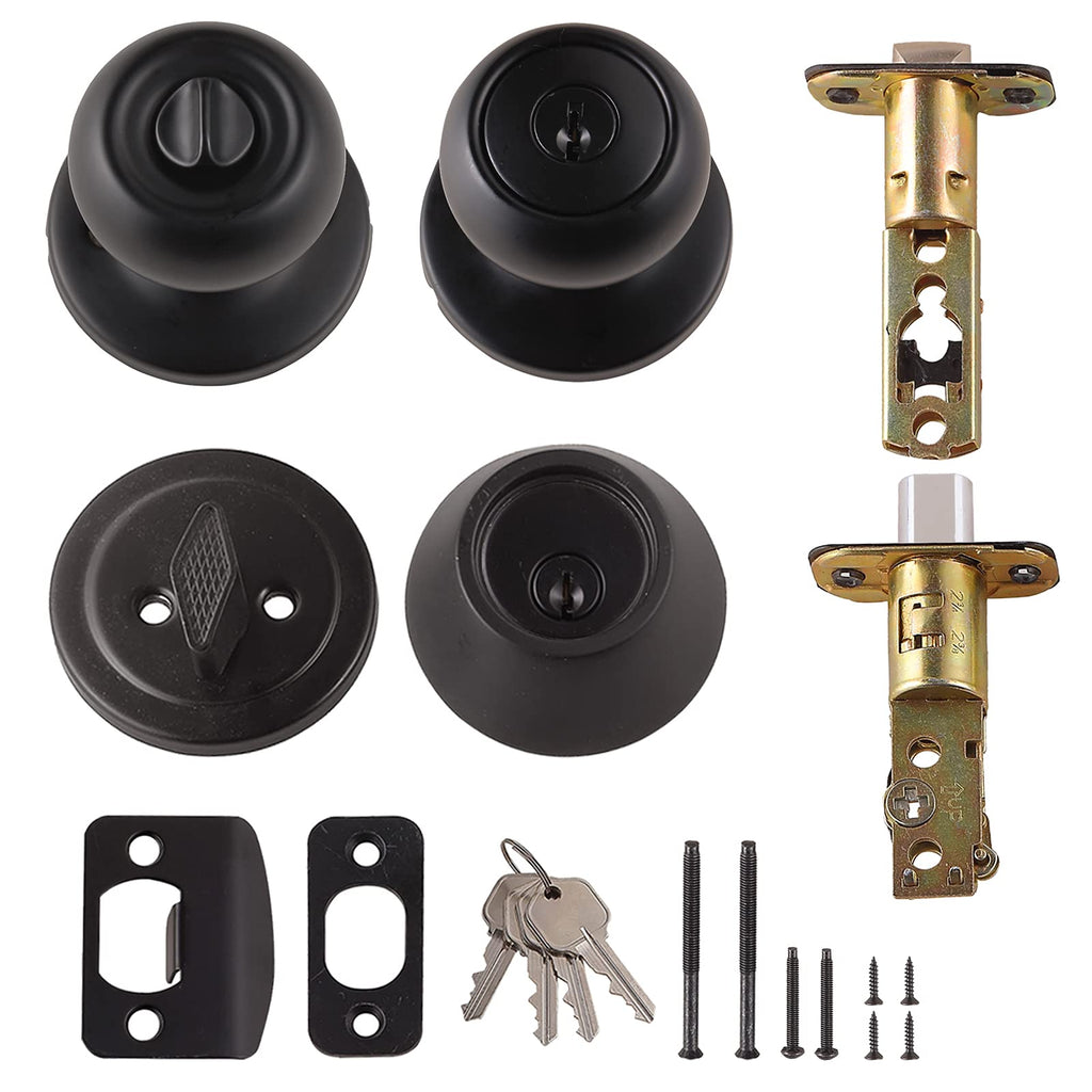 Amazon Basics Exterior Door Knob with Key Lock and Deadbolt, Keyed Alike, Coastal, Matte Black