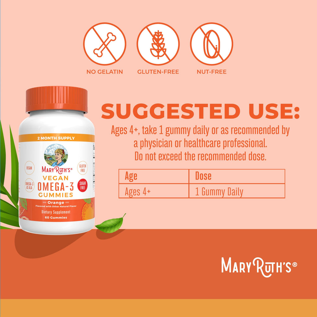 MARYRUTH'S Vegan Omega 3 Gummies for Adults | 2 Month Supply | Sugar Free Supplement with Vitamin C | Flaxseed Oil Immune Support | Overall Wellness | No Fish Taste | 60 Count