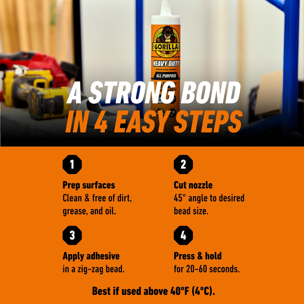 Gorilla Heavy Duty Construction Adhesive, Gap Filling, 9 oz Cartridge