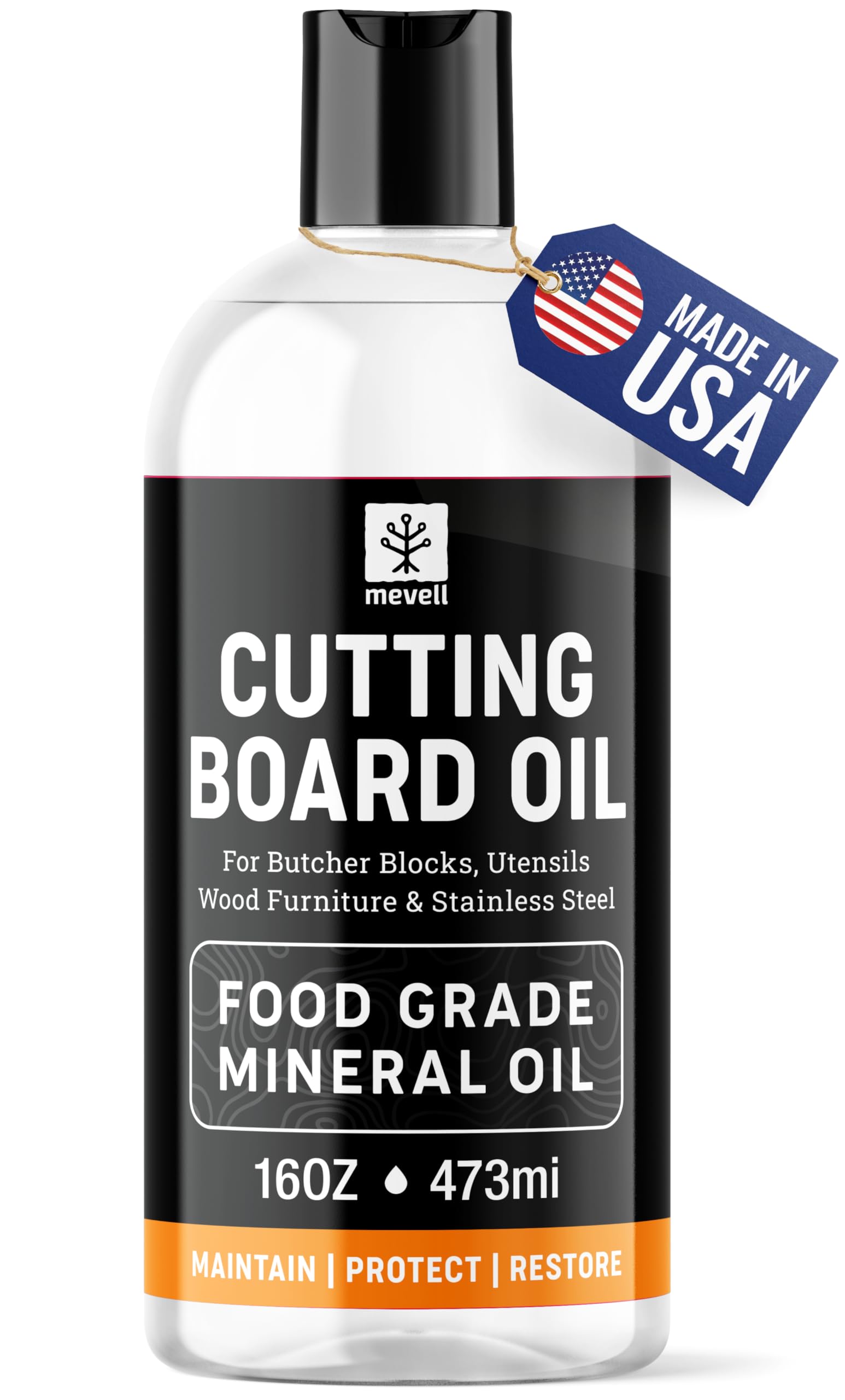 Mevell Food Grade Mineral Oil for Wood Cutting Board - 16oz, Food Safe USP Certified Cutting Board Oil & Butcher Block Conditioner for Bamboo Boards, Marble, Soapstone, Stainless Steel, Made in USA