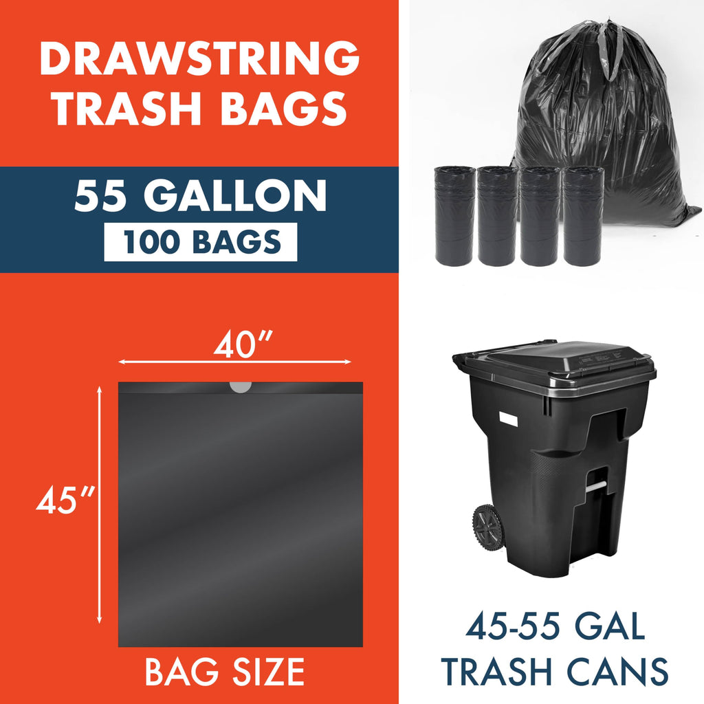 Made Here 55 Gallon Heavy Duty Commercial Trash Bags with Drawstring – Black Waste Can Liners for Office, Janitorial, and Facility Use, Leak-Resistant, 100 Count