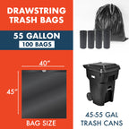Made Here 55 Gallon Heavy Duty Commercial Trash Bags with Drawstring – Black Waste Can Liners for Office, Janitorial, and Facility Use, Leak-Resistant, 100 Count