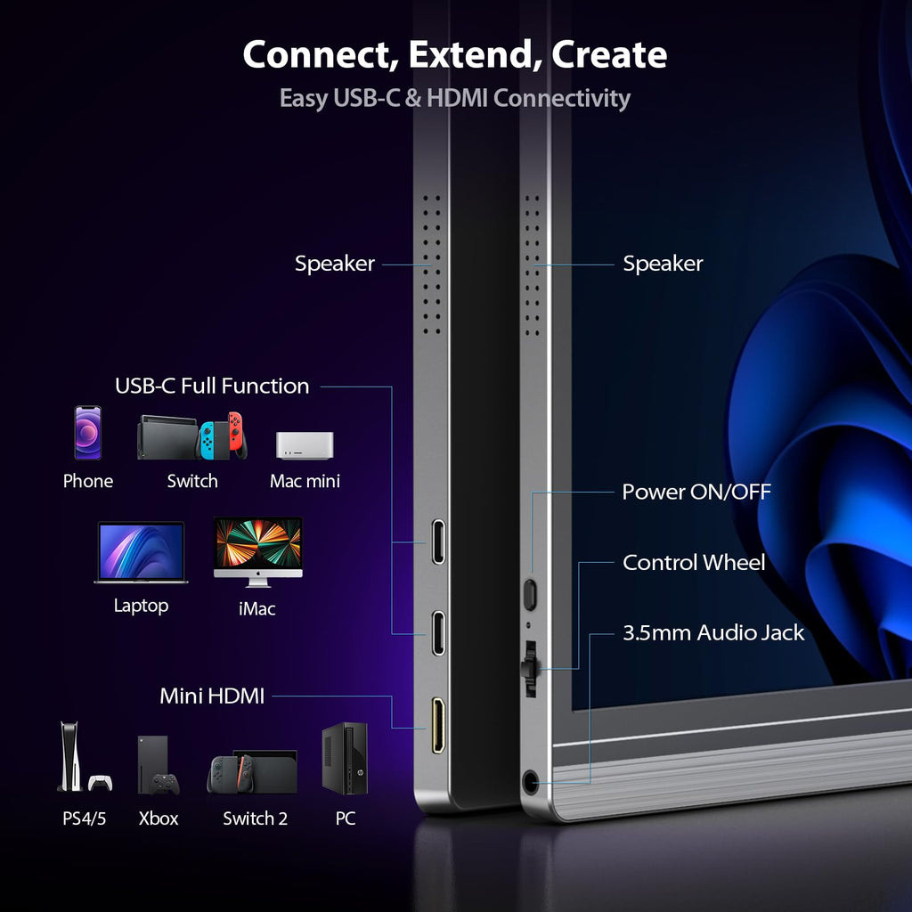 KYY Portable Monitor 15.6" 1080P Computer Monitor Screen Extender w/Cover