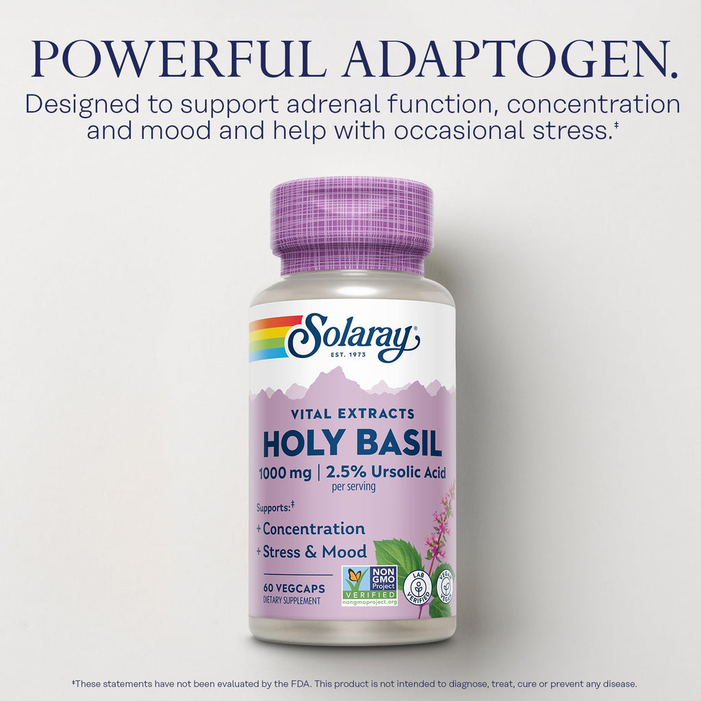 SOLARAY Holy Basil 1000 mg - Tulsi Holy Basil Adaptogen with 2.5% Ursolic Acid - Adrenal Support, Focus, Occasional Stress and Mood Support - Non-GMO, Vegan, Gluten Free, 60-Day Guarantee, 30 Servings