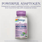 SOLARAY Holy Basil 1000 mg - Tulsi Holy Basil Adaptogen with 2.5% Ursolic Acid - Adrenal Support, Focus, Occasional Stress and Mood Support - Non-GMO, Vegan, Gluten Free, 60-Day Guarantee, 30 Servings