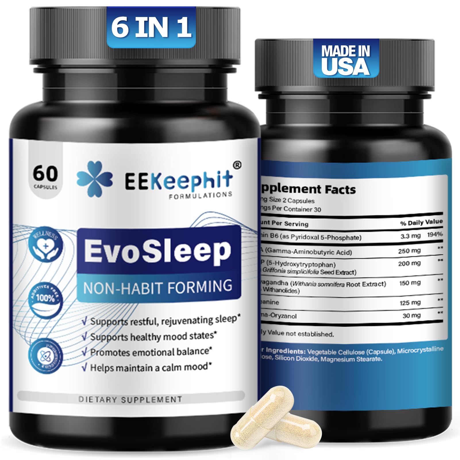 EEKEEPHIT 6 in 1 Melatonin-Free Sleep Aid Sleep Complex with Ashwagandha, GABA, L-Theanine & 5-HTP, VIT B6(P5P) for Adults, Supports Deep Relaxation, 30 Vegan Capsules