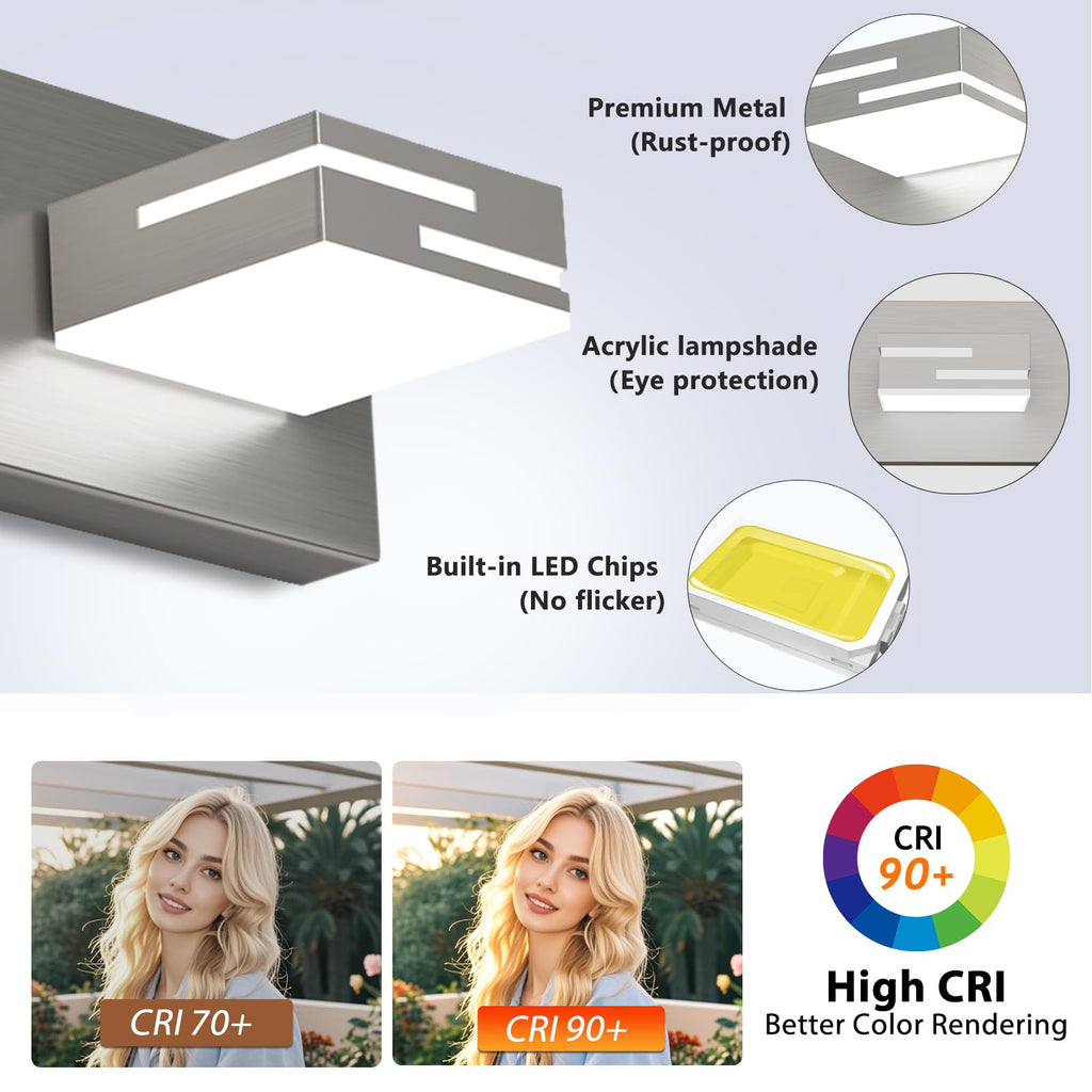 LKHF LED Modern Bathroom Vanity Light Fixtures, Dimmable Brushed Nickel Vanity Lights for Bathroom Lighting Fixtures Over Mirror, with 360° Rotatable Acrylic Heads 7-Light 48-inch (Cool White 6000K)