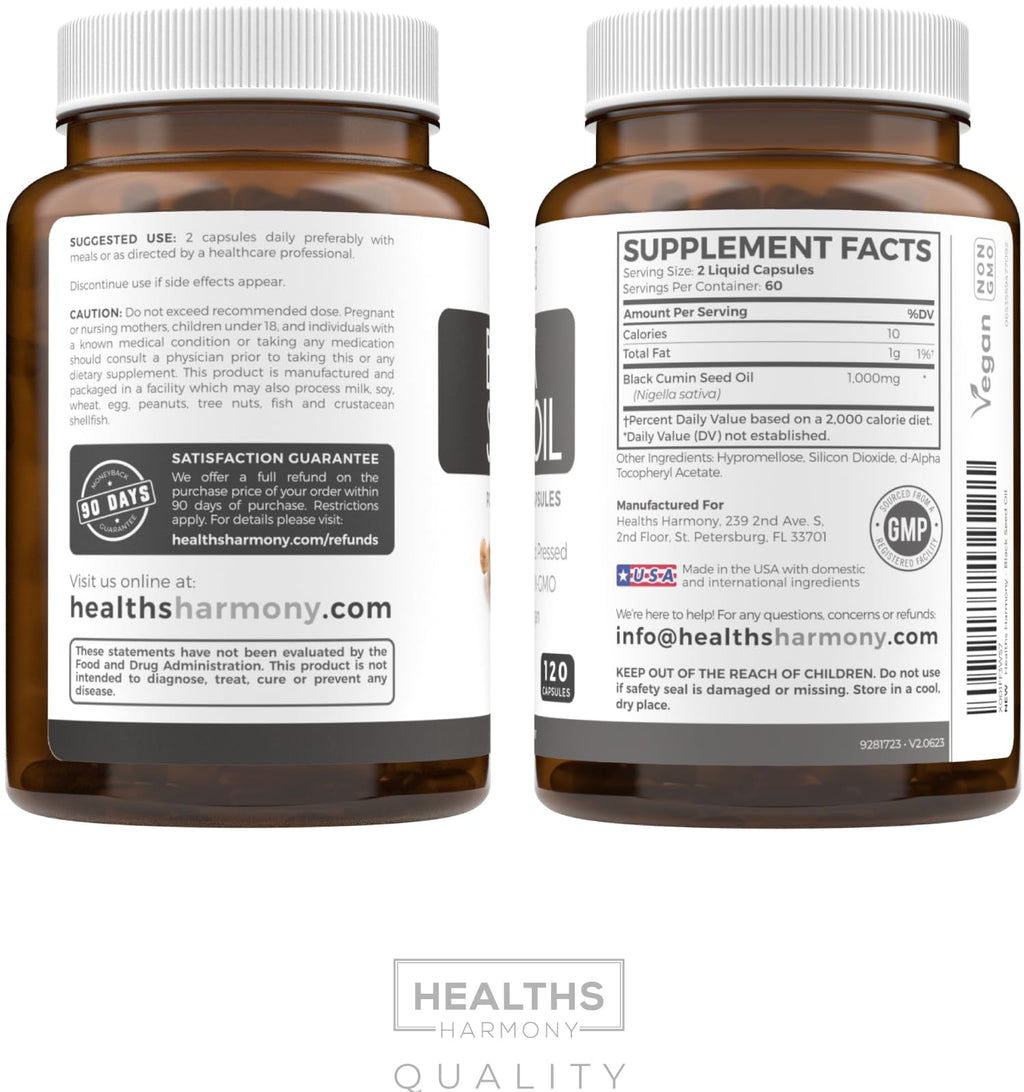 Black Seed Oil - 120 Softgel Capsules Skin Health (Non-GMO & Vegan) Cold-Pressed Nigella Sativa Producing Pure Black Cumin Seed Oil with Vitamin E - 500mg Each, 1000mg Per 2 Capsule Serving
