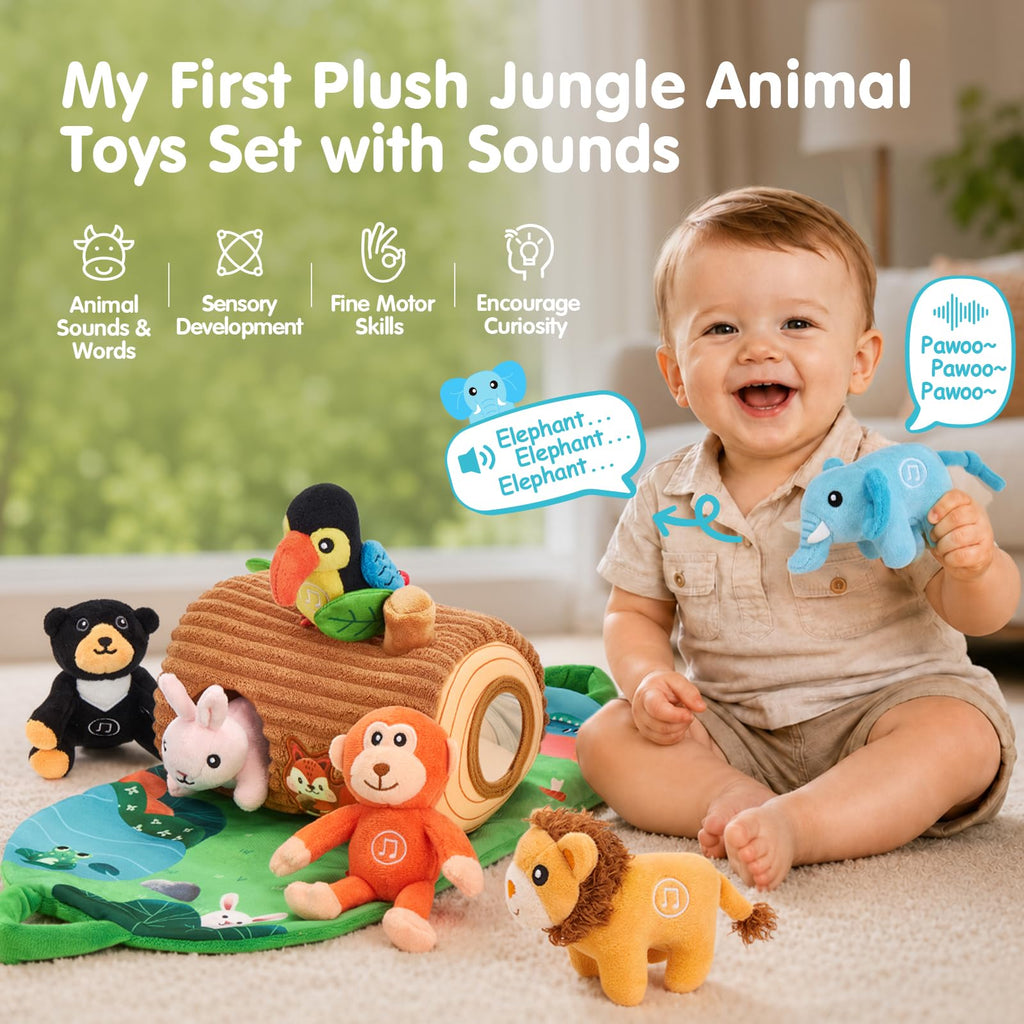 hahaland Baby Toys 6-12 Months, Jungle Plush Animal Set with Sounds & Words