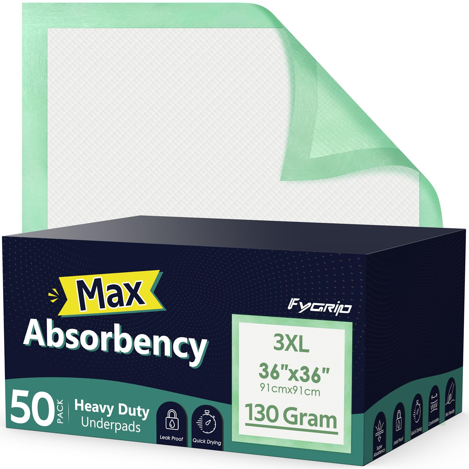 Fygrip 50 Count Hospital Grade 130 Gram 36” x 36” Max Absorbency Disposable Underpads, Leakproof Quick Drying XXXL Bed Pads Disposable for Adults, Kids, Pets Incontinence Pads, Pee Pads