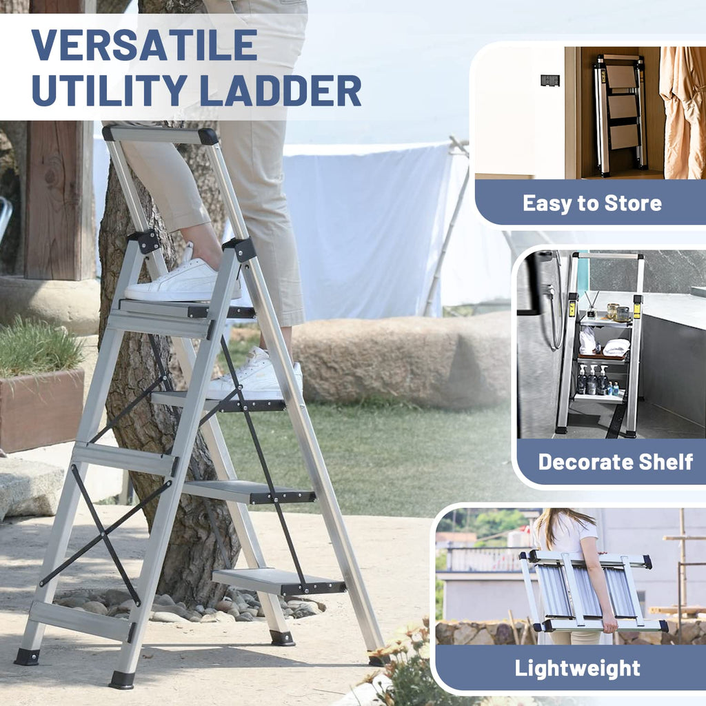 XinSunho 4 Step Ladder, Aluminum Folding Stool with Retractable Handgrip