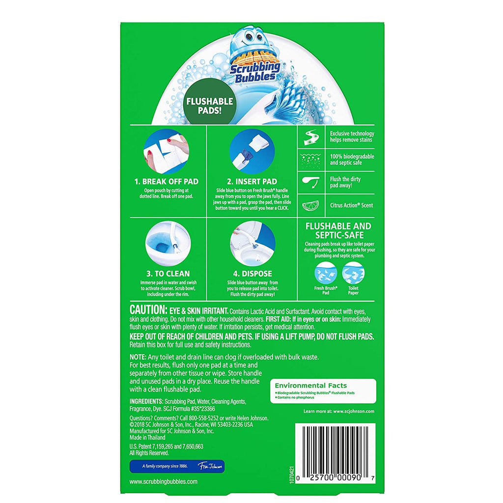 Scrubbing Bubbles Flushable Toilet Wand Refills, Fresh Brush Toilet Cleaner Refill Pads, Cleans Limescale & Fights Odors, Citrus Scent, 10 Count, Pack of 4